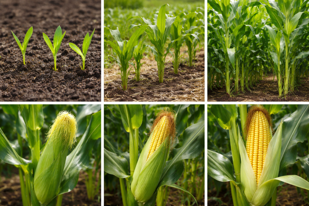 Corn growing at various stages