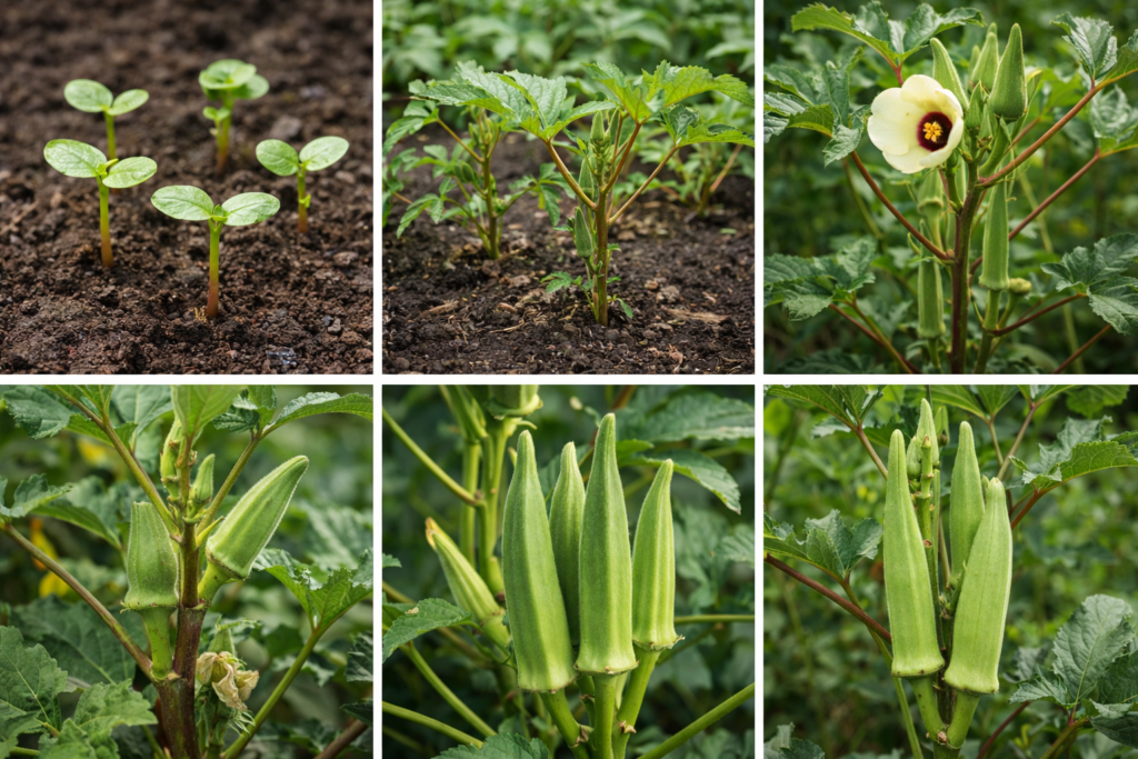 Okra growing at various stages