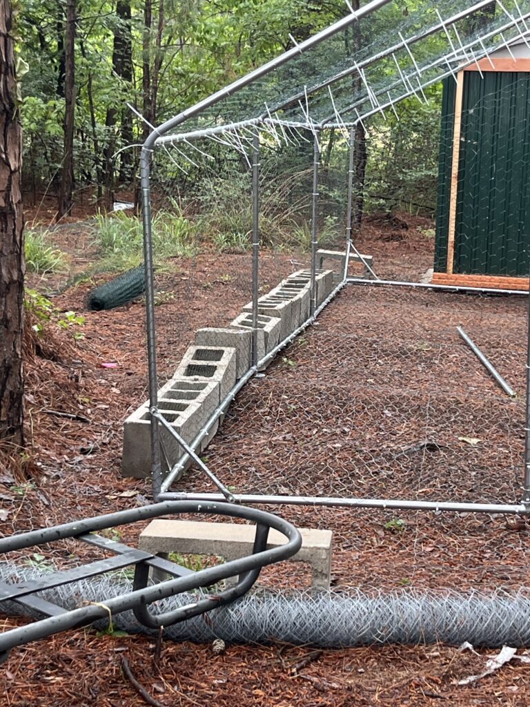 Chain-link fence with barbed wire along a wooded yard, with concrete blocks beneath and a green shed to the right across the yard.