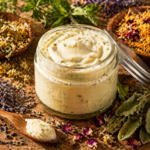 Creamy herb dip in a glass jar with a metal lid, surrounded by dried herbs on a rustic wooden surface.