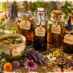 Assorted glass jars labeled Oil Infusion, Herbal Syrup, Vinegar Infusion, and Tincture, set with a tea cup and fresh herbs.