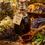 Bottle of herbal syrup with a handwritten tag, set among dried herbs on a rustic wooden table.