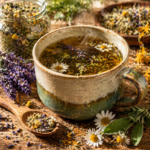 A ceramic mug of herbal tea with chamomile flowers floating on top, surrounded by dried herbs and lavender.