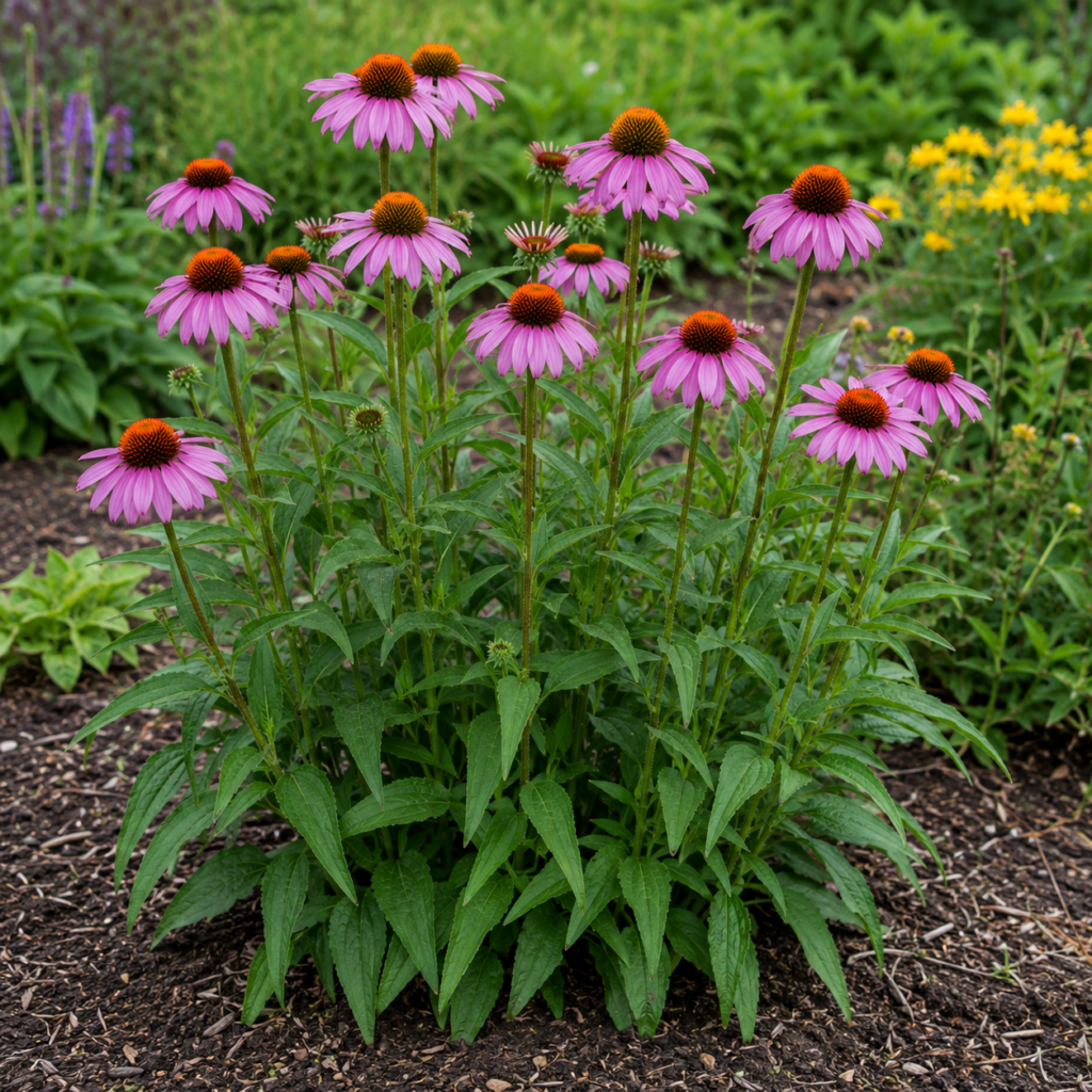 Cluster of pink coneflowers (Echinacea) with orange centers in a garden bed on mulch.