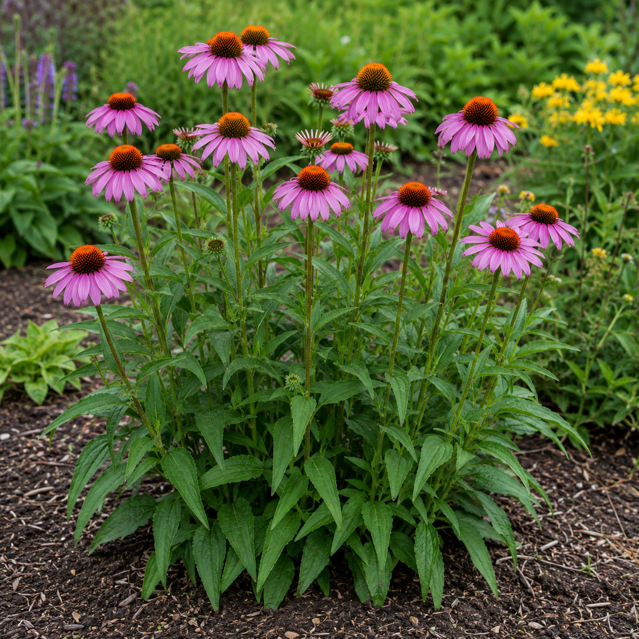 Cluster of pink coneflowers (Echinacea) with orange centers in a garden bed on mulch.