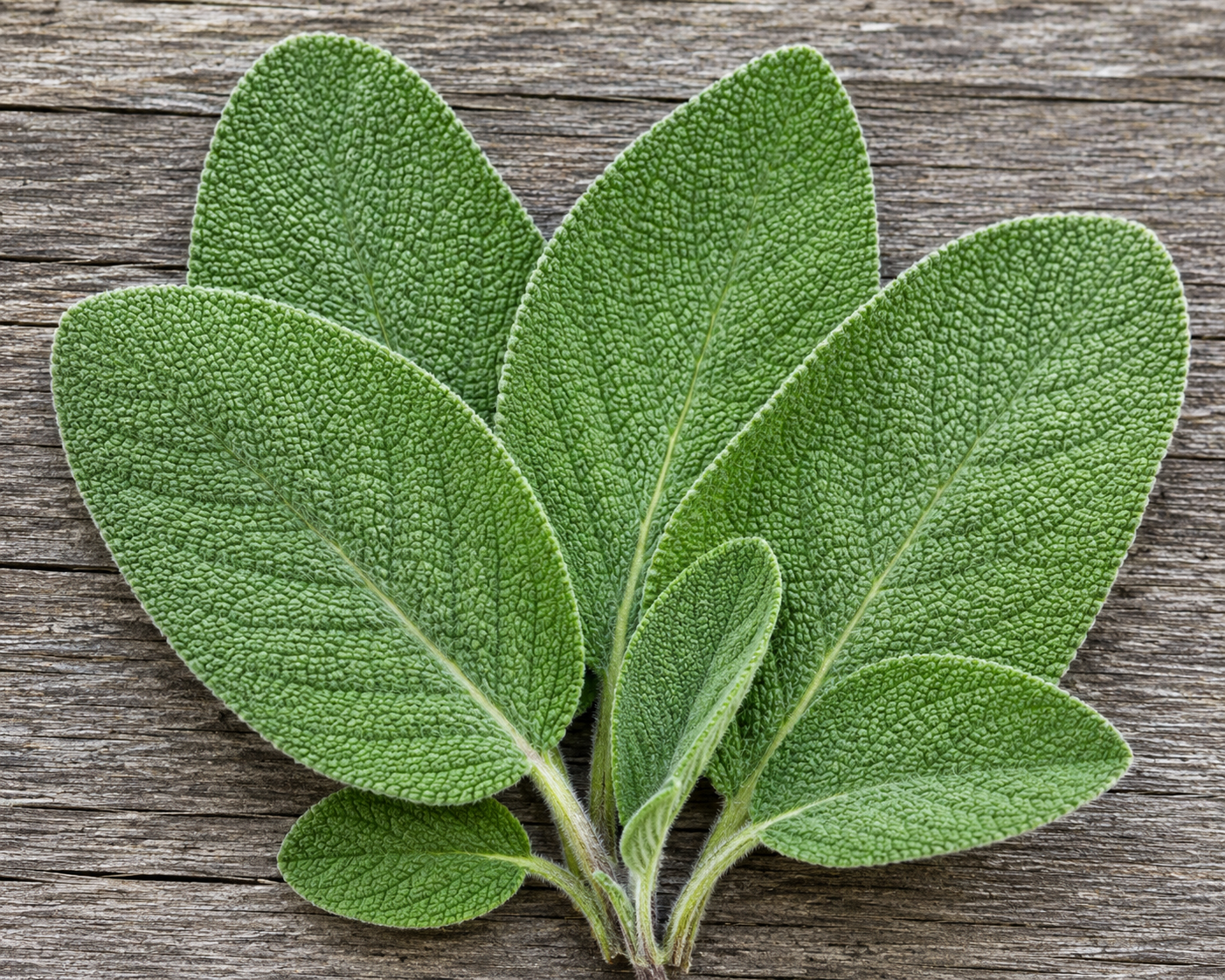 Close-up of bright green sage leaves with fuzzy, textured surfaces on a weathered wooden background.