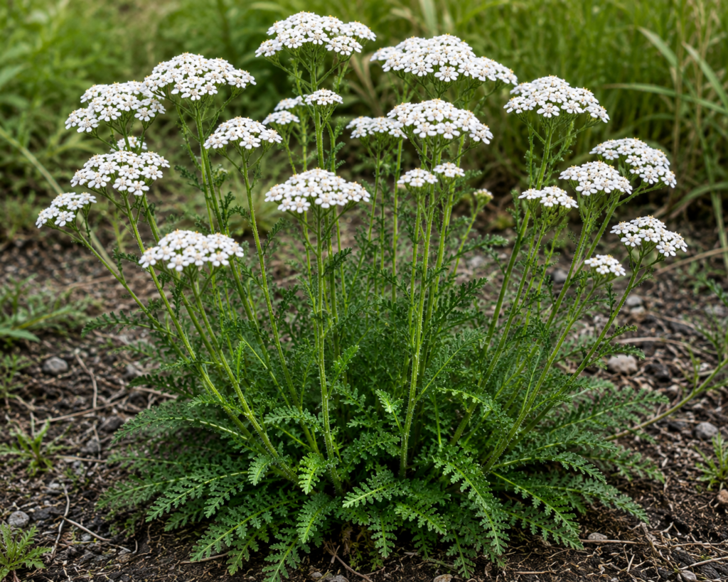 Common yarrow in bloom with flat clusters of small white flowers and feathery green leaves on multiple stems.]`