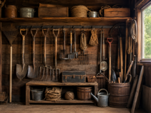 Organized homestead tool storage wall with garden tools, hand tools, power tools, labeled bins, and shelves beside a workbench.