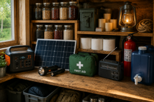 Homestead emergency supplies with stored water, lanterns, first aid kit, power backup, tools, and weather radio organized on a workbench.