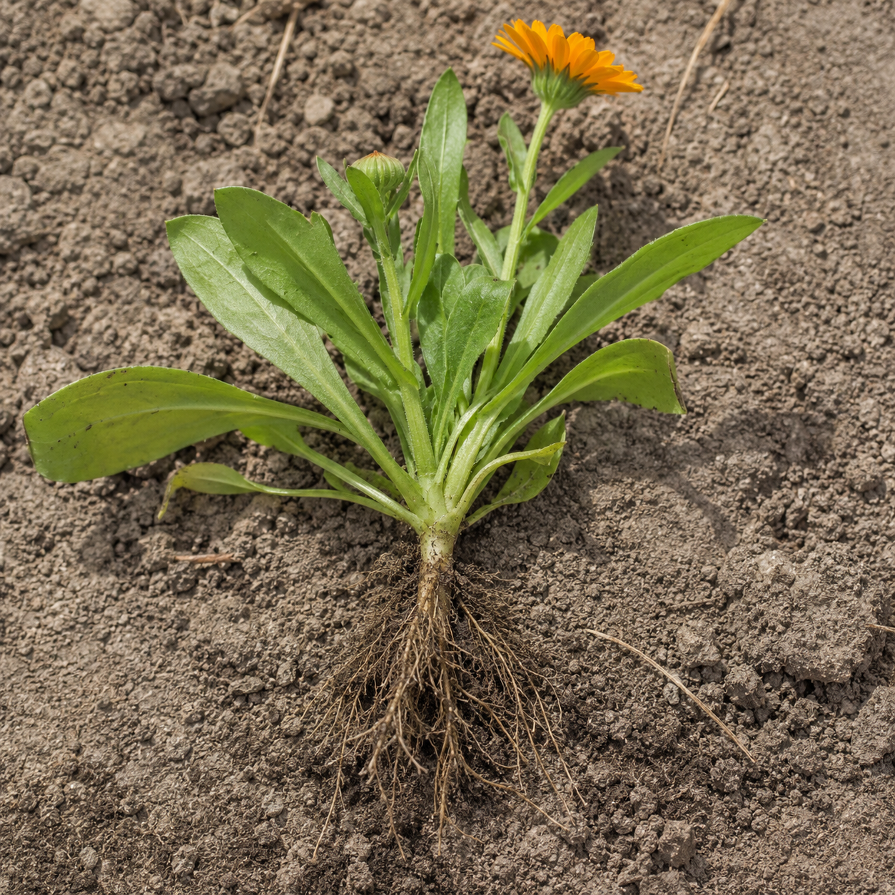 Calendula root system after pulling the plant
