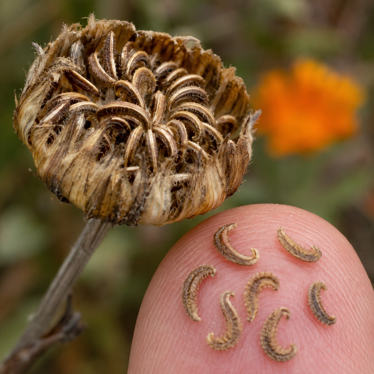 Calendula seed head showing curved calendula seeds