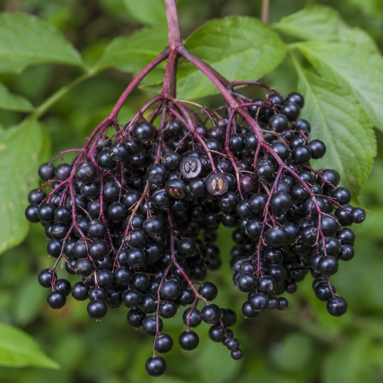 Ripe elderberry seed head with dark purple-black berries