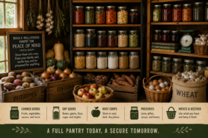 Homestead food storage pantry with canning jars, dry goods, root crops, and organized shelves for long-term food security.